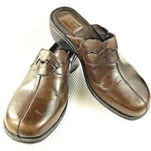 Clarks Artisan Womens Leather Wedge Heel Clog Size 7M Slides Brown